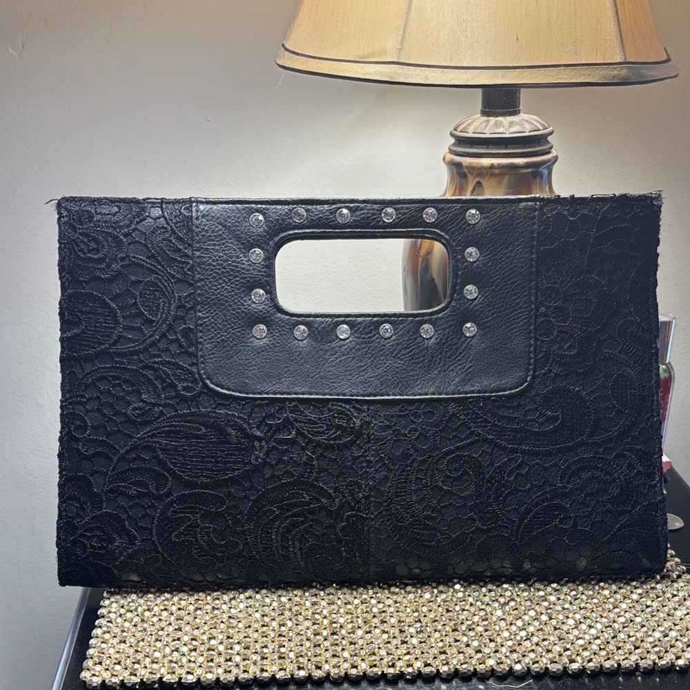 Elegant Black Lace Clutch with Studded Rhinestone Handle - Picture 1 of 10